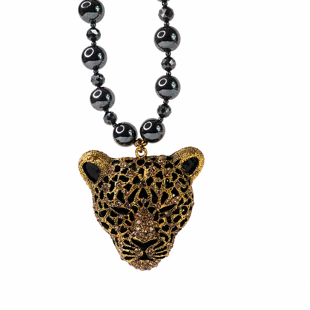 Natural Crystal Black Panther Hematite Statement Necklace, Jewelry Accessory Pendant
