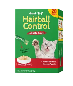 JUST TRY Hairball Control Cat Lickable Treats, Functional, Creamy Lickable Purée Cat Treat with Taurine & Vitamin E, 0.5 Ounces Each, 20 Tubes