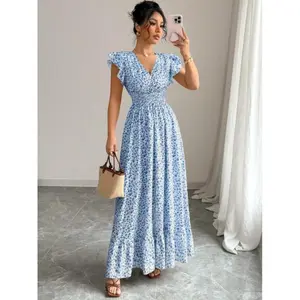 Women’s summer casual dress, round neck leaf-print sleeves, slim-fit bohemian floral maxi dress, suitable for all seasons, medium-thick woven fabric GARMENTARY