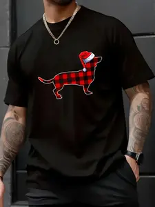 100% Cotton Unisex Dachshund Christmas Shirt For Men Women, Xmas Dog Mom Dad T-Shirt,spring/autumn Christmas snowflake fun pattern men's T-shirt