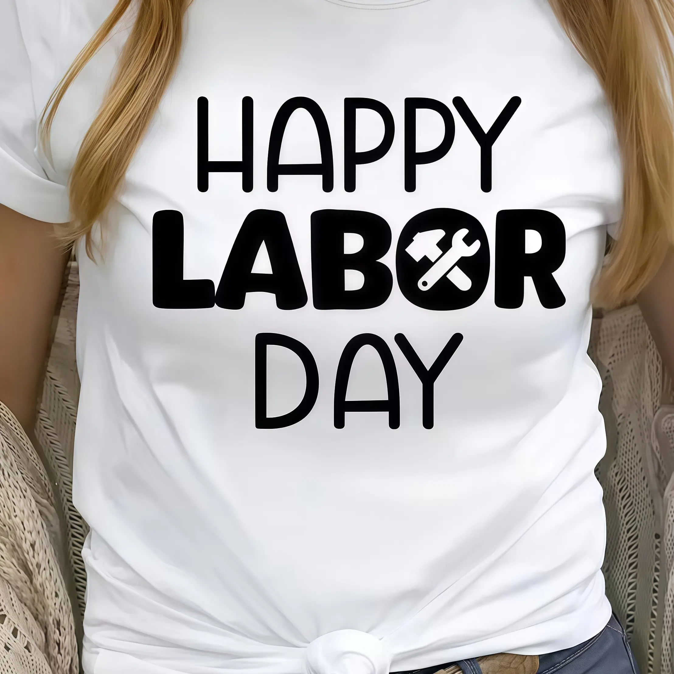 Unisex Happy Labor Day Wrench Graphic Crewneck T-Shirt, Black Regular Fit Short Sleeve Top, All-Season Comfortable Machine Washable Versatile Casual Wear For Men Women