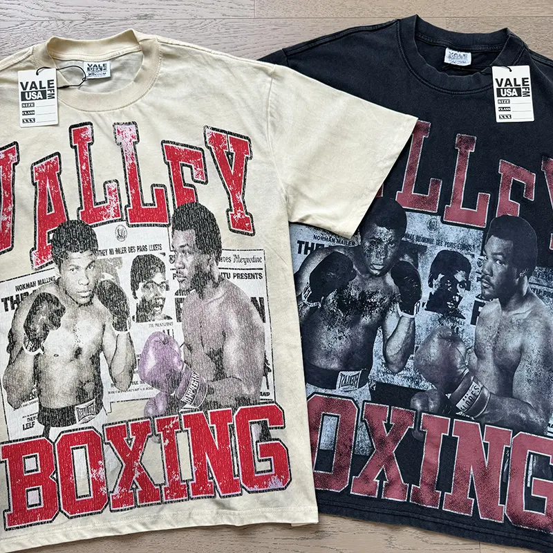 Vale Vintage Boxing Champions Graphic T-Shirt, Retro Fight Night Boxer Collage with Distressed Newspaper Poster Artwork, Washed Cream and Black Graphic Tee for Men and Women, 90s Sports Hip Hop Y2K Streetwear Fashion Accessories