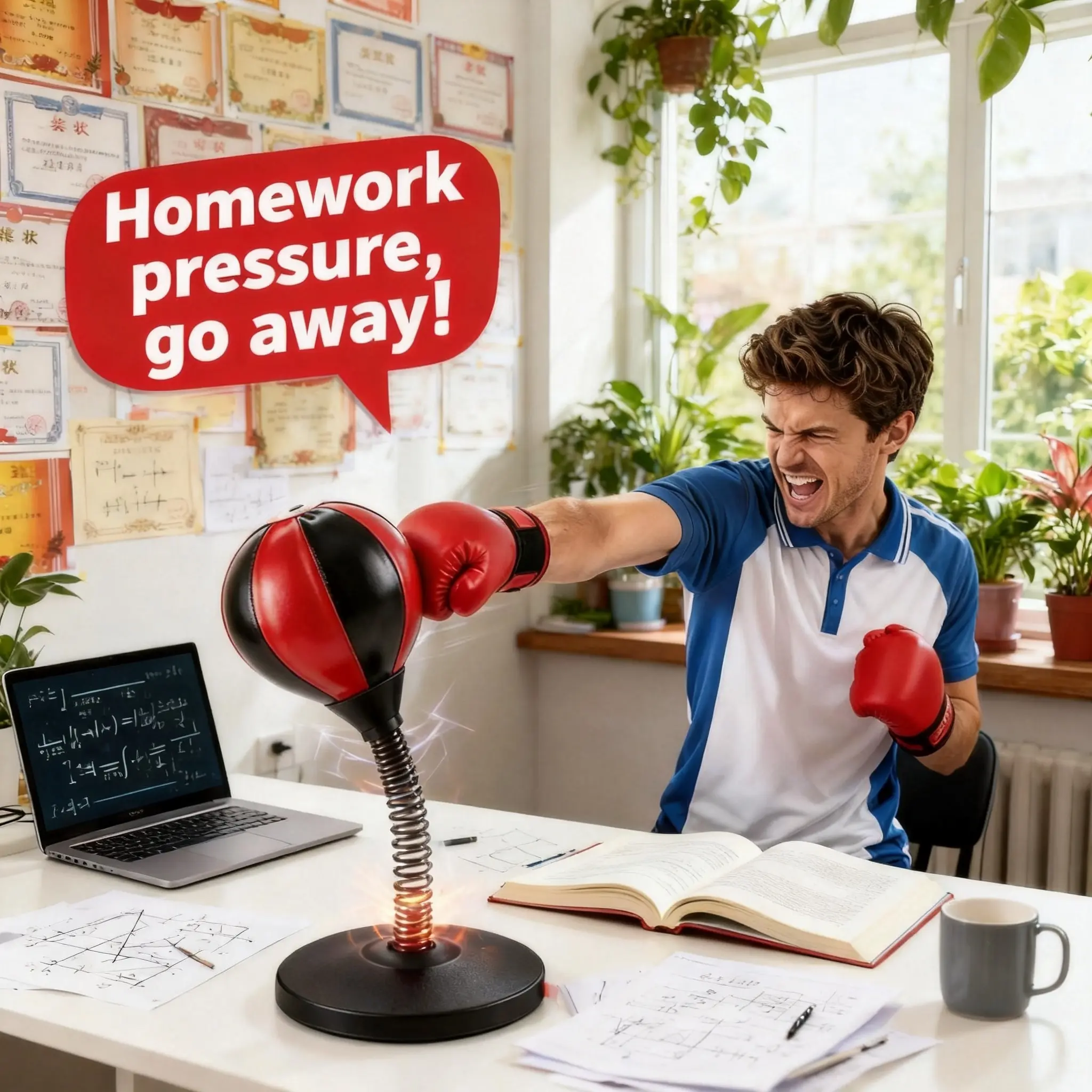 Desktop inflatable punching bag PU leather stress relief set with strong suction cup reflex ball pump, for desk games and office use a gift ideal for boys