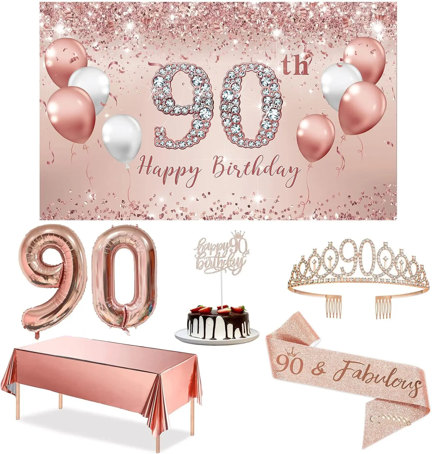 Rose Gold 90th Birthday Party Supplies Set for Women - Banner, Tablecloth, Sash, Tiara, Cake Topper, Balloons, Pearl Metal Gifts