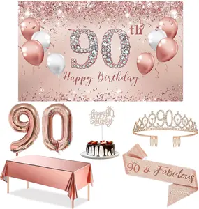 90th Birthday Decorations Party Set for Women Rose Gold 90 Birthday Banner Tablecloth Sash Tiara Cake Topper Balloons Gifts Metal Pearl