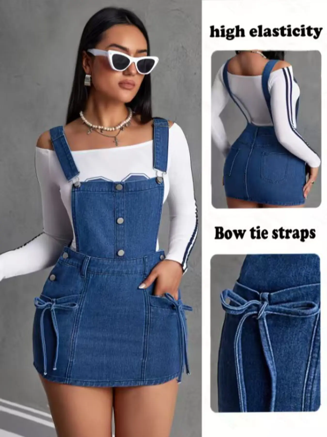 Casual Elastic Stretchy Fit Women's Denim Bib Skirt with Pocket, Adjustable, Comfortable and Stylish, Perfect for Everyday Wear, Ladies' Fashionable Jean Overalls
