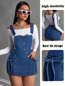 Casual Elastic Stretchy Women's Denim Fabric Bib Skirt, Pocket, Adjustable, Comfortable and Stylish, Perfect for Everyday Wear, Ladies' Fashionable Jean Overalls