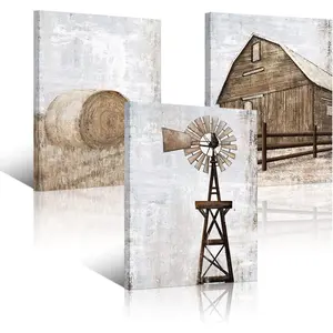 Farmhouse Wall Art Rustic Barn Windmill Cornfield Pictures Countryside Rural Landscape Painting Canvas Artwork Stretched and Framed Ready to Hang Home Decor 12"x16"x3 Pieces