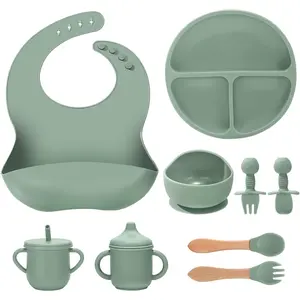 9 Pcs Silicone Baby Feeding Set Spill-Proof Suction Plate Bowl Bib Silicone & Wooden Spoons Forks Straw Training Cup Sippy Cup Baby Eating Utensils Green