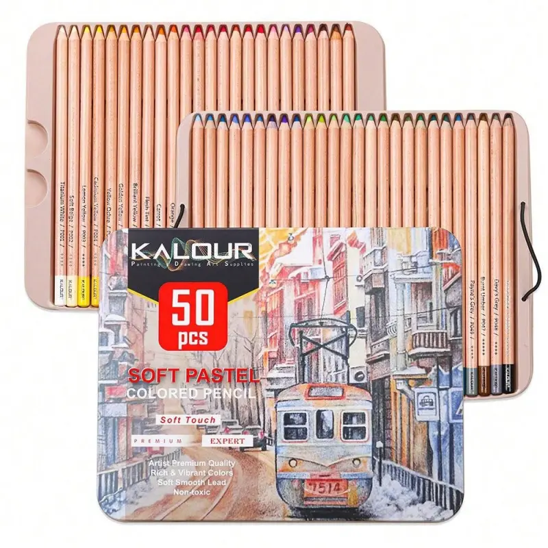 50 Colors Vibrant Colors Soft Core Soft Pastel Colored Charcoal Pencils in Tin Box, Color Pencil Set, Shading Pencils for Beginners & Pro Artists, Coloring Supplies, Art School Supplies, Premium Art Supplies
