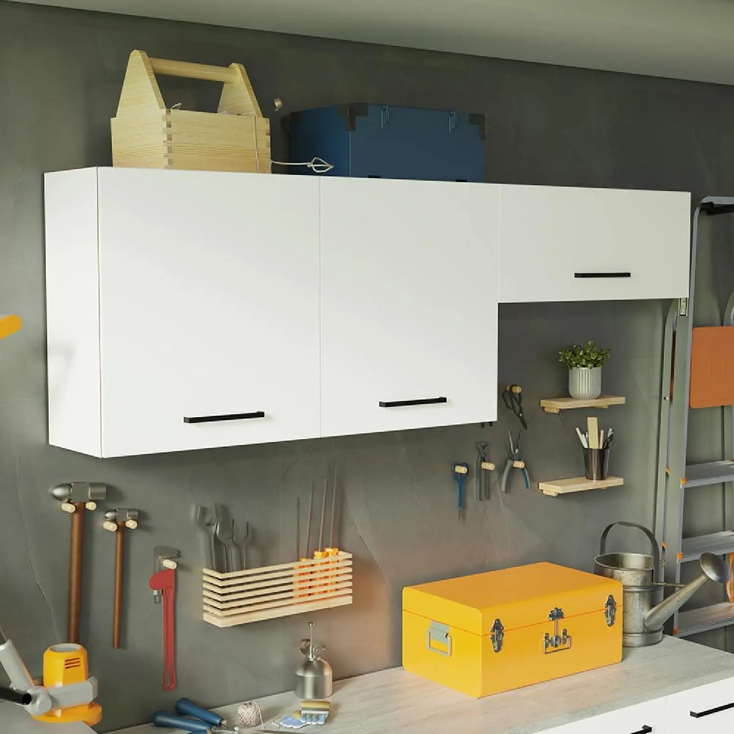 Madesa Heavy-Duty Garage and Utility Room Storage Set 47 Inch Wall Cabinet with 3 Doors Garage Workstation Wooden Organization Unit - White
