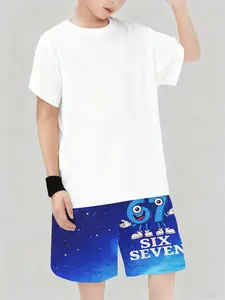 Boys' Cartoon Number Swim Trunks, Fashionable Beach Shorts, Summer Cool Printed Boxers, Loose-Fitting Natural Waist, Drawstring Waist