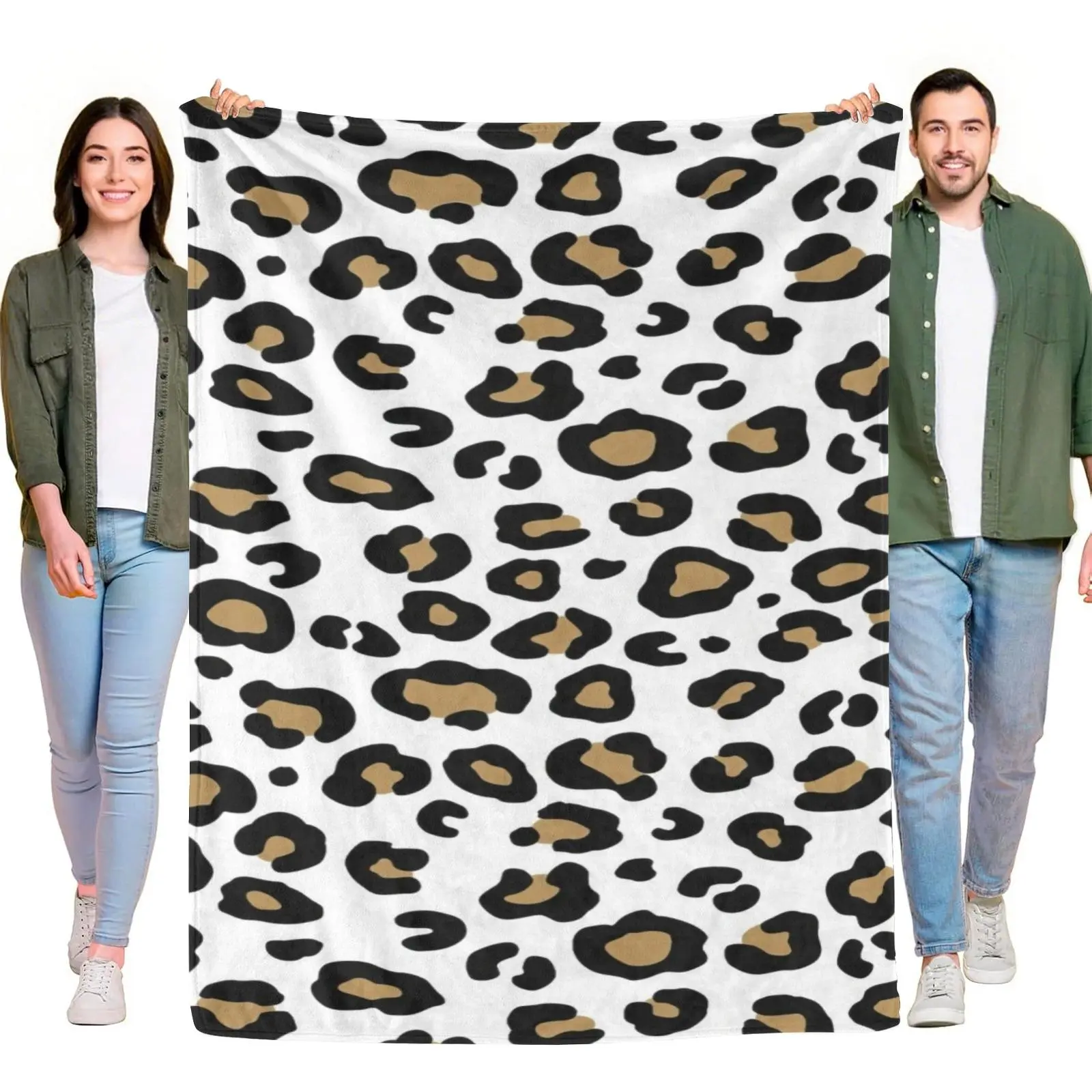 Classic Brown Tan Leopard Print White Background Seamless Throw Blanket, Neutral Wild Animal Skin Soft Flannel Blanket for Minimalist Modern Bedroom Decor