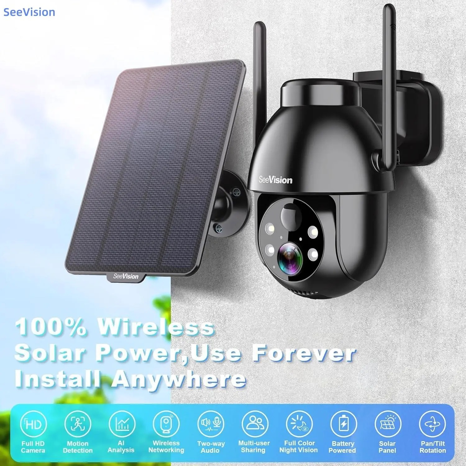 SeeVision Solar WIFI Security Camera with Spotlight 360° View FHD Live Streaming Solar Panel Night Vision Motion Detection Two-Way Audio for Hunting & Outdoor Security