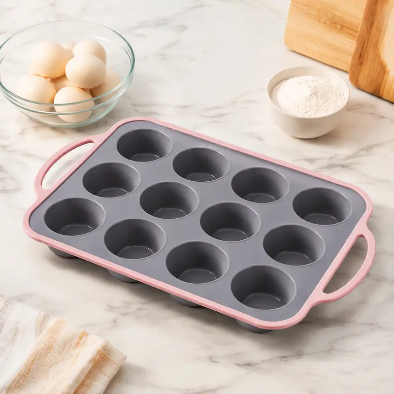 12-Cup Food Grade Nonstick Silicone Muffin Pan Bakeware - Stainless Steel Reinforced Frame, Heat-Resistant Hanging Reusable Mold, Oven-Safe Up to 446°F for Bakes, Dishwasher-Safe Multi-Use Baking Tools, Nonstick Cupcake Pans for Family Portioned Snacks