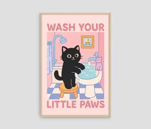 [SALE UP TO 30%] Wash Your Paws Cat Print Bathroom Decor Kawaii Poster Pink Room Black Cat Bistro Colorful Art Digital Download SVG File