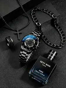 Men's Fashion Watch Set, Hollow Calendar Quartz Watch, Casual Wristwatch, Elegant Gentleman Perfume Bracelet Necklace Ring Accessories, Casual Trendy Wristwatch, Quartz Analog Watch