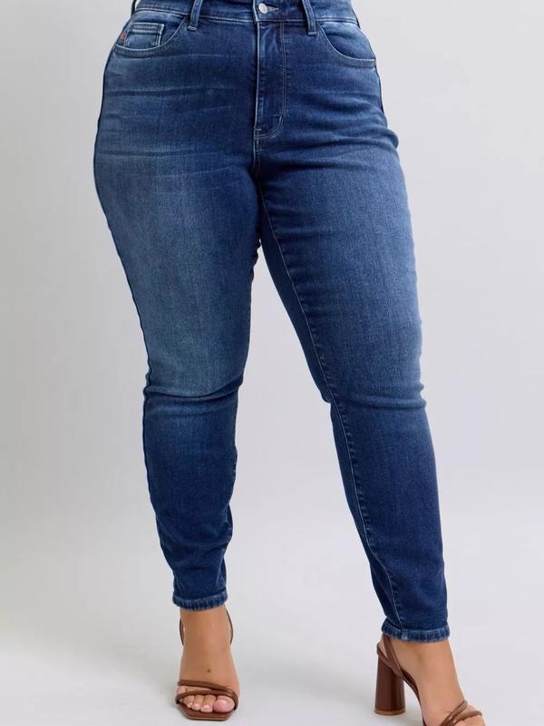 Judy Blue Mid Rise Dark Wash Brushed Thermal Skinny Jeans 82635, Stretchy Cotton Denim Womenswear Chic Casual Bottom