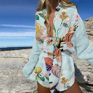 Abstract Botanical Print Two-Piece Set, Casual Marine Life Print Two-Piece Set, Vacation Leisurewear, Light Blue, Resort Set, Sizes S–5XL