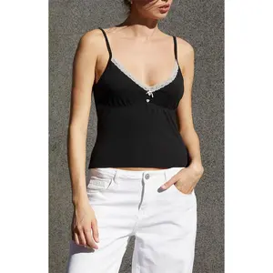 John Galt Women's Black Lace Trim Tank Top