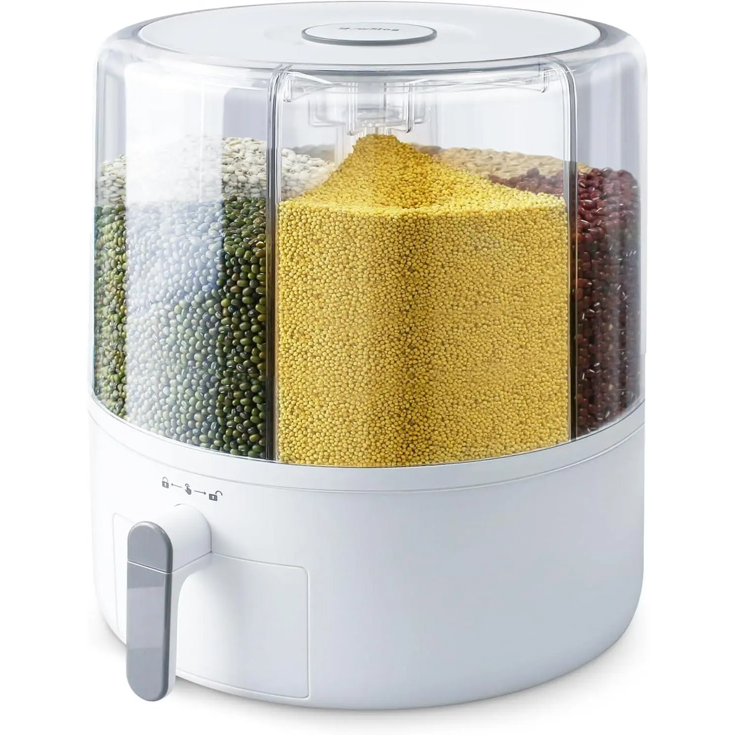 16lb Grain and Rice Storage Container, 6 Grid Grain Dispenser, 360° Rotating Food Dispenser, Airtight Storage, Rice Dispenser, Upgrade 6 Compartment Rotating Rice Dispenser Storage Container