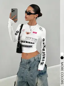 Women's Letter Print Round Neck Crop Tee Top, Fashion Casual Crew Neck Long Sleeve T-shirt for Daily Holiday Vacation Outdoor Wear, Ladies Clothes for All Seasons