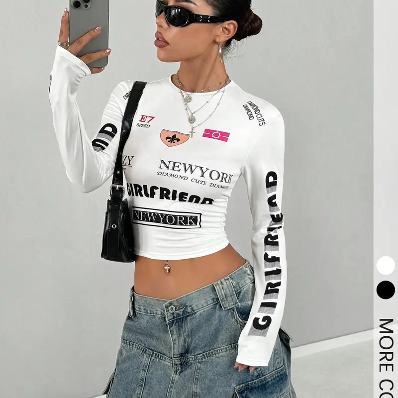 Women's Letter Print Round Neck Crop Knit Tee Top, Fashion Casual Minimalist Crew Neck Long Sleeve T-shirt Everyday Streetwear for Daily Holiday Vacation Outdoor Wear, Ladies Clothes for All Seasons, Crewneck, Knitwear