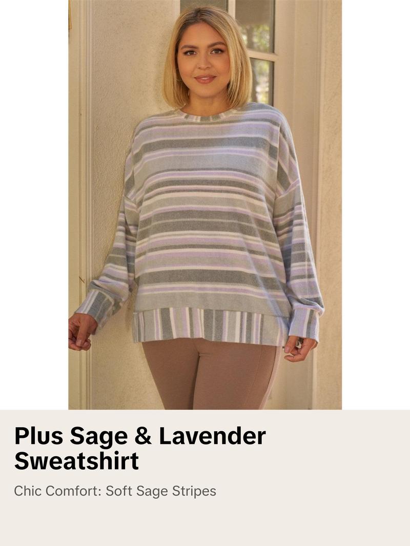 Plus Sage & Lavender Stripped Super Soft Sweatshirt