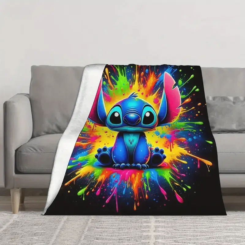 [SummerVibes] DISNEY CLASSIC Lilo & Stitch Throw Blanket - Soft Flannel, Black with Colorful Splatter Print, All-Season Cozy Blanket for Sofa, Bed - Perfect Holiday/Birthday Gift, Sofa Decorative Throw, Playful Cartoon Design, Plush Texture