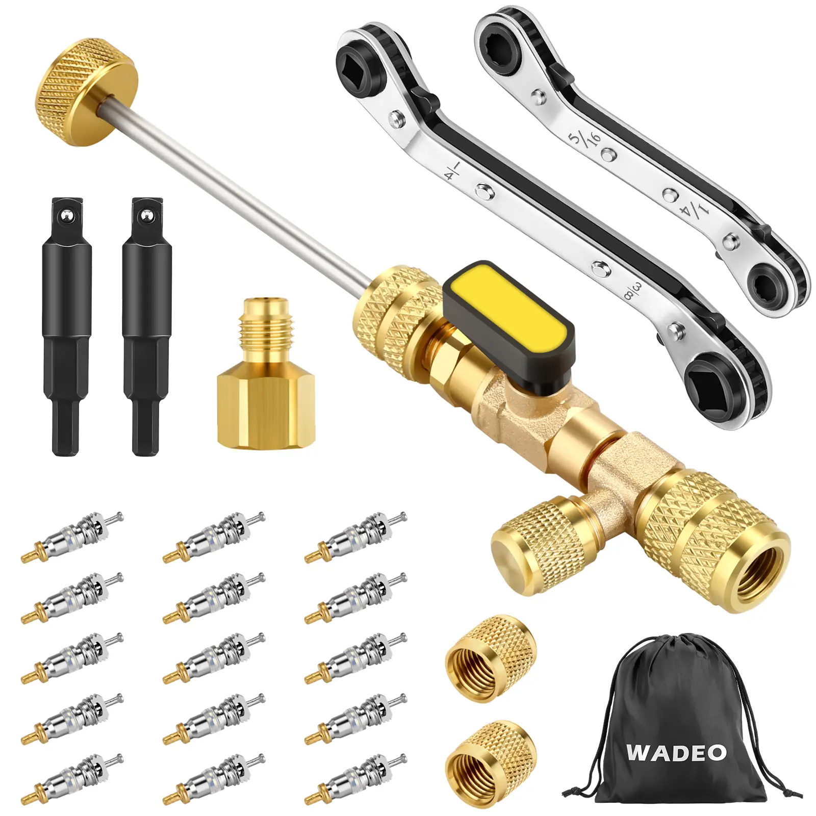 WADEO Valve Core Remover Tool & Hvac Service Wrench Set with Hex Bit Adapters, Dual Size SAE 1/4 & 5/16 Port, Hvac Tools with 15 PCS Valve Cores, 2 PCS Brass Nuts for HVAC Equipments Repair Fluorine Heat