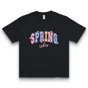 Women's Macaron Color Cotton Round Neck Short-Sleeve T-Shirt - Soft Fabric, 'SPRING Vibes' Varsity Digital Printed Streetwear Casual Top