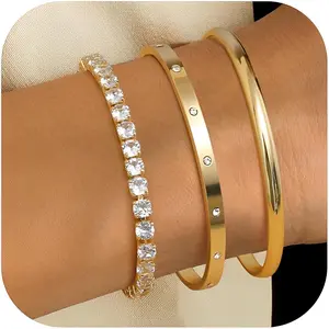 CASSIECA 3pcs Bracelets for Woman Trendy Bangle Cuff Chain Bracelets Set Gold Plated Paperclip Bead Tennis Bracelet Chunky Bracelet Stack Non Tarnish Jewelry