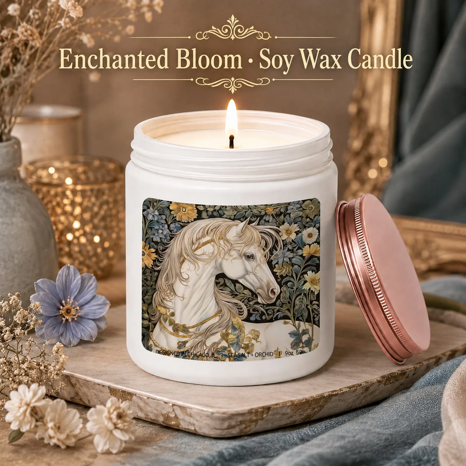 1Pc Handmade Soy Wax Scented Candle, Unicorn Floral Fantasy Design, Natural Aromatherapy Candle, Magical Home Decor Gift, Aesthetic Decorative Candle for Women Girls, Birthday Christmas Thanksgiving Gift, Bedroom Living Room Decoration