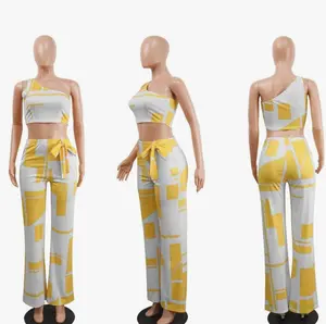 Spring Fling Women's Two Piece Set - Yellow & White Geometric Print Top & Wide Leg Pants for Casual Outings Comfortable Fit & Versatile Spring Look