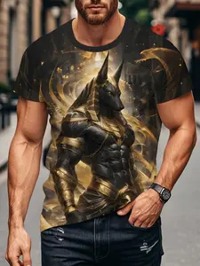 Men's Anubis Egyptian Pharaoh T-Shirt, Gold God Warrior 3D Print Fitted Short Sleeve, Casual Comfortable Design, Ideal Gift Choice