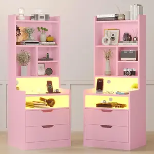 SIKAIC 2PCS Modern Bedside Table Set - Tall LED Nightstand with Bookshelf, Charging Station, USB Ports, Power Outlets, Storage, 13.8"d x 17.7"w x 50"h, Blush Pink Indoor Bedroom Accent Furniture