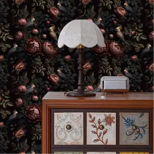 1 Roll 17.3 x 118/197/394 Inches Vintage Dark Floral Bird Self-Adhesive Wallpaper, Black Background Red Peony and Bird Pattern, Peel and Stick Waterproof Removable Contact Paper, for Bedroom Bathroom Cabinets Shelves Decor, Halloween Easter Mardi Gras Hom