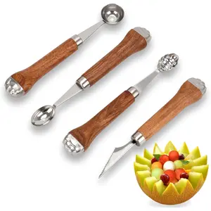 4 Pack Melon Baller Scoop Fruit Spoon with Wooden Handle Grapefruit Spoons
