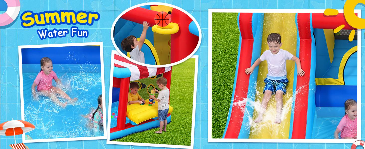 Whubefy Inflatable Bounce House, All-in-One Water Slide Play Park, Wet & Dry Use, Giant Jumping Area, Climbing Wall, Water Guns, Boxing Bag, Ring Toss Games, Included Air Blower, Outdoor Fun, Perfect Birthday Party Gift for Kids Whubefy Inflatable Bounce House, All-in-One Water Slide Play Park, Wet & Dry Use, Giant Jumping Area, Climbing Wall, Water Guns, Boxing Bag, Ring Toss Games, Included Air Blower, Outdoor Fun, Perfect Birthday Party Gift for Kids