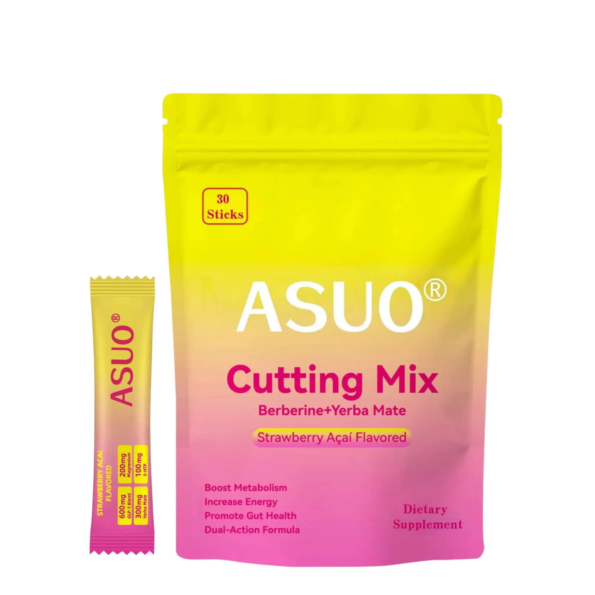 ASUO Organic Strawberry Acai Cutting Supplement Mix Powder Stick - Berberine, Yerba Mate, Metabolism Boost, Energy Support, Digestion Support, 30-Count Gym Fitness Dietary Supplement, Supports Digestion