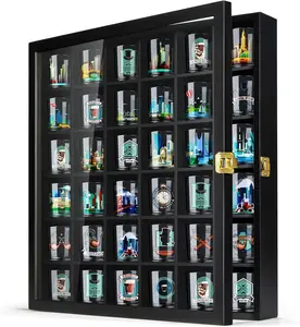 Shot Glass Display Case 36 Slots Glass Display Holder Wall Mounted with Lockable Door, Black