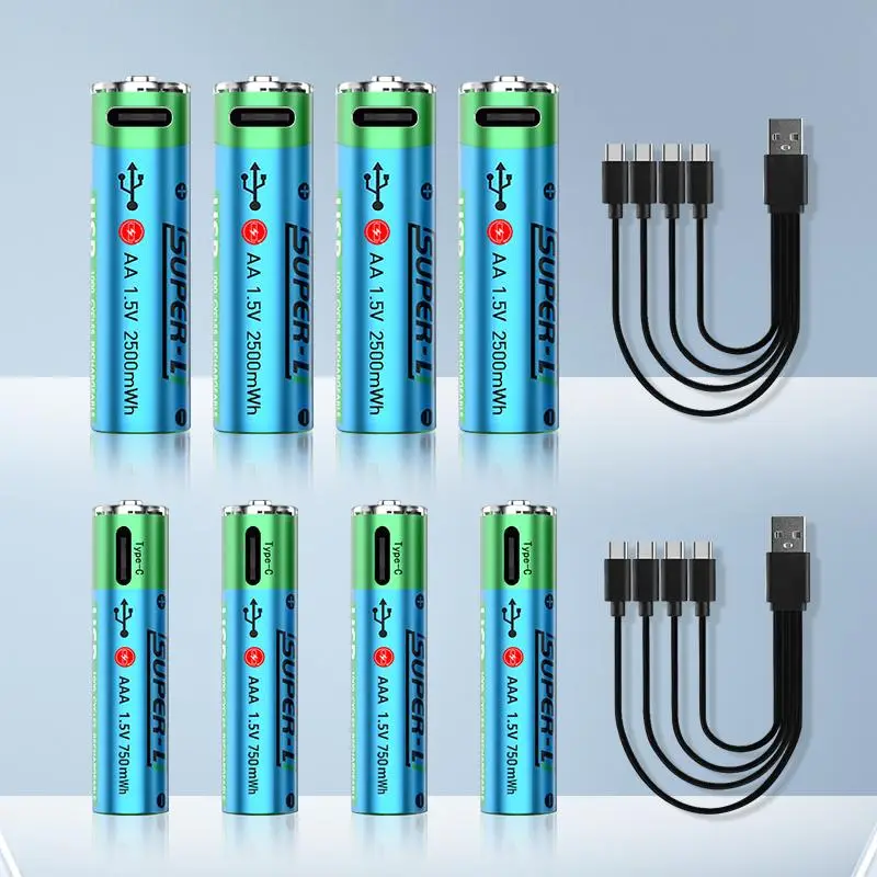 Type-C Rechargeable Battery, 4 Counts 1.5V 2500mWh AA Battery & 1 Count 1.5V 750mWh AAA Battery with 4-in-1 Type-C Charging Cable, Perfect for Househo
