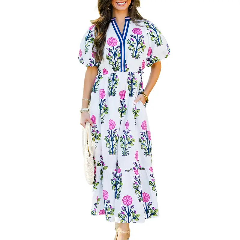 Mntaor Womens Dresses Floral Puff Short Sleeve V Neck High Waist Maxi Dress with Pockets Chic Casual