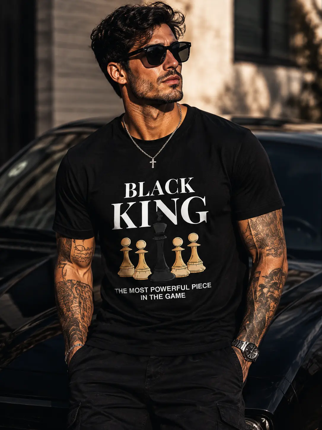 Black King Chess Graphic T-Shirt for Men, Vintage Streetwear Tee, Powerful King Chess Print, Casual Crew Neck Cotton Short Sleeve, Hip Hop Fashion Summer Graphic Shirt, Gift for Him