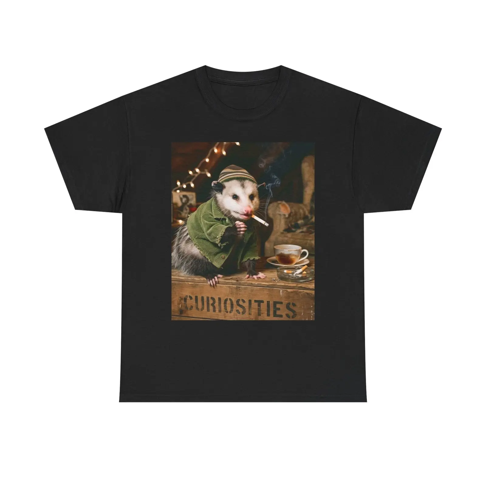 Curiosities Opossum Tee – Funny Smoking Possum Graphic Shirt, Black Streetwear T-Shirt, Vintage Humor Style