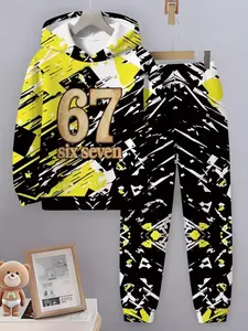 Boys' Ink Splatter Number 67 Hoodie Set, Back-To-School 3D Digital Print Anime Hoodies, Spring Fall Outdoor Sports Wear