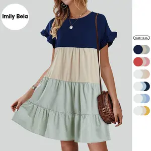 Imily Bela Looks Cute Women Summer Casual Ruffles Dress Color Block Short Sleeve Babydoll Loose Swing Flowy T-Shirt Dress RP1028