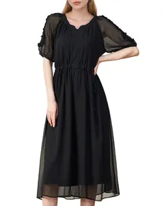 Summer Black Dresses for Women 2025 Party Graduation Midi Dress with Short Sleeves   AF-LQ18082