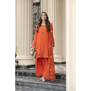 Threaded Grace Silk Karandi by Gul Warun – Rust Orange 3pc Farshi Shalwar Suit TGS6