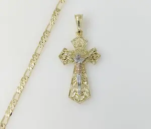 Plated Tri-Color Cross 4mm 14K Diamond Cut Figaro Chain Necklace